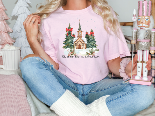 Oh Come Let Us Adore Him Christmas Tree Church Graphic T-Shirt