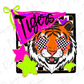 A vibrant illustration featuring a tiger's face with checkerboard eyes, surrounded by colorful stars and a pink flag with the word "Tigers" written on it.