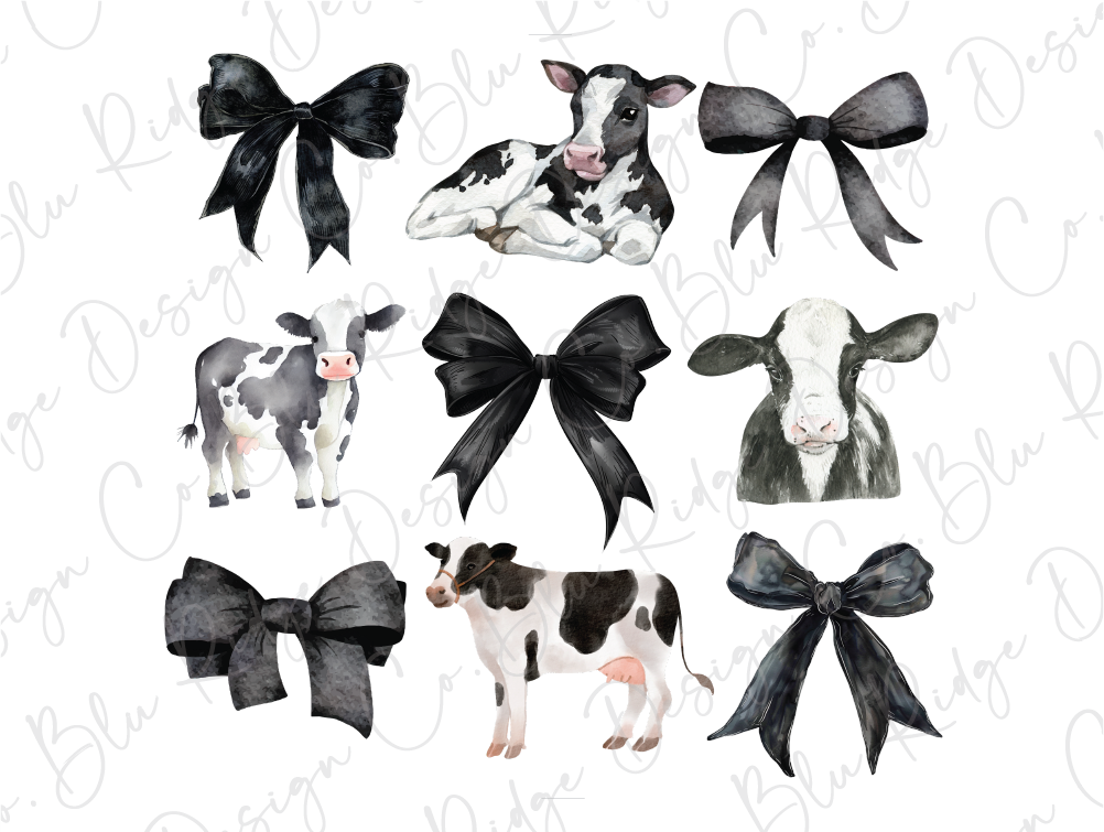 a collection of black and white farm animals