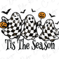 three black and white checkerboard ghost characters holding orange pumpkins, with the text "Tis The Season" written below them.
