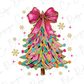 a colorful christmas tree with a pink bow