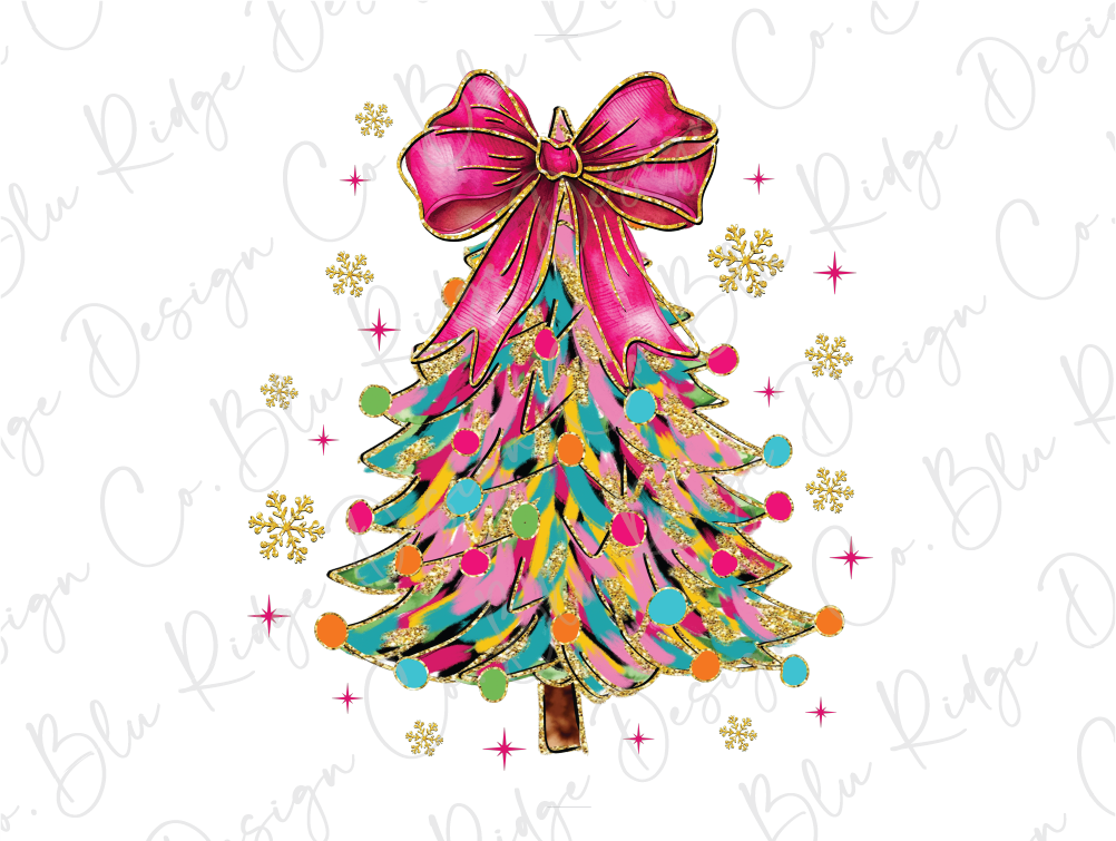 a colorful christmas tree with a pink bow