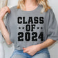 a woman sitting on a chair wearing a t - shirt that says class of 202