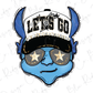A stylized illustration of a blue character wearing a hat with the text "LET'S GO" and sunglasses with stars.