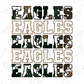 the word "EAGLES" repeated in various sizes and orientations, creating a visually interesting and textured composition.