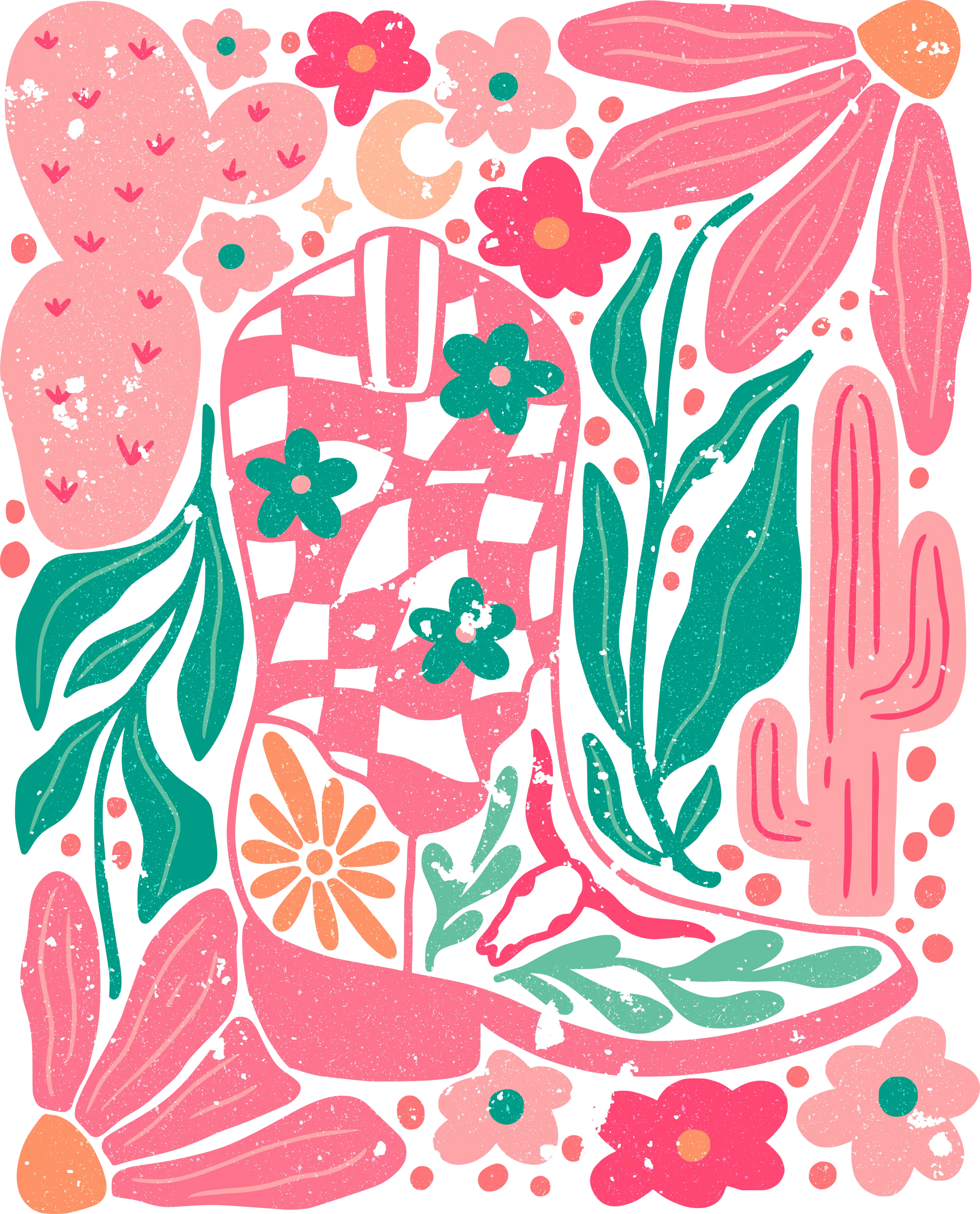 a pink cowboy boot surrounded by flowers and cacti