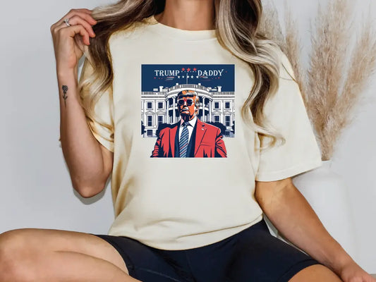 a woman wearing a trump parody t - shirt