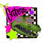 A stylized illustration of a green alligator with checkered star eyes, surrounded by a checkered pattern and pink and green stars.