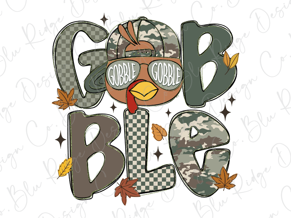 A stylized illustration of the word "GOBBLE" with a turkey-like character wearing sunglasses and surrounded by autumn leaves.