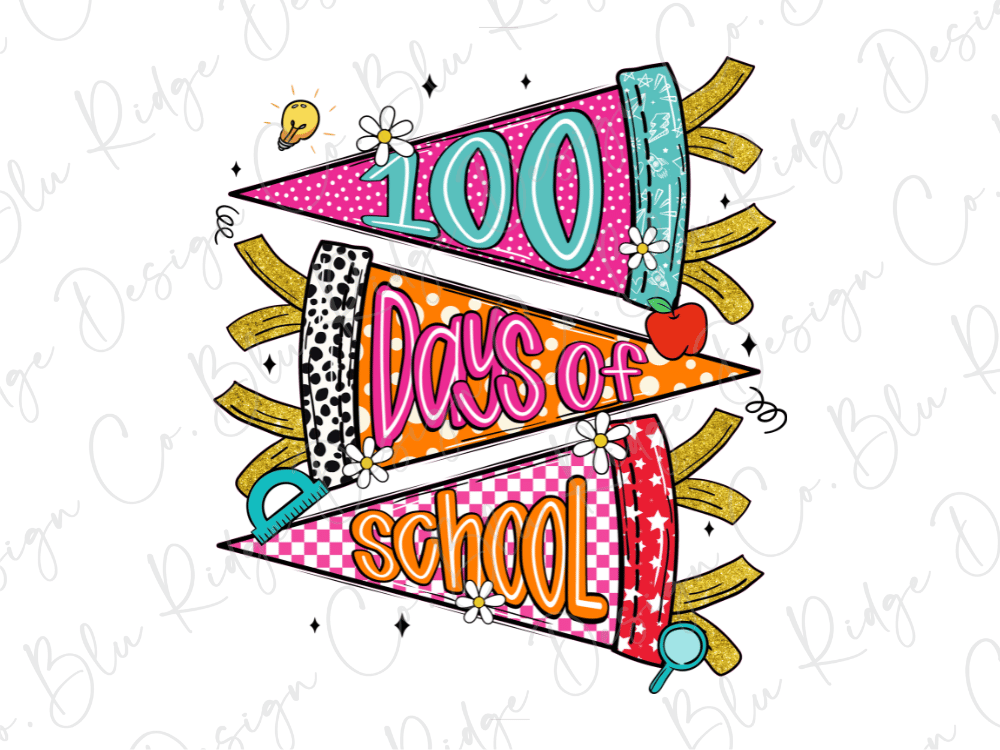 The image is a colorful and vibrant illustration celebrating the 100th day of school. It features a variety of school-related elements, such as a school bell, a school trophy, and a school mascot, all arranged in a playful and cheerful manner.