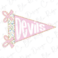 A pink triangular flag with the word "Devils" written on it, along with two pink bows.