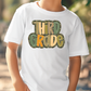 a young boy wearing a white shirt that says third grade