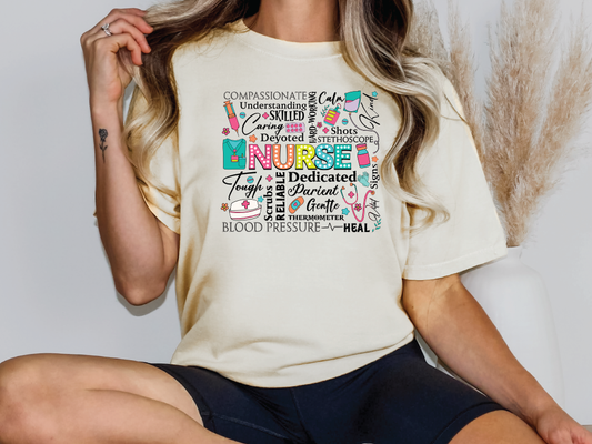 a woman sitting on a chair wearing a nurse t - shirt