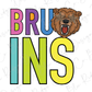 A colorful graphic design featuring the word "BRUINS" with a bear's head in the center, surrounded by various colored letters.
