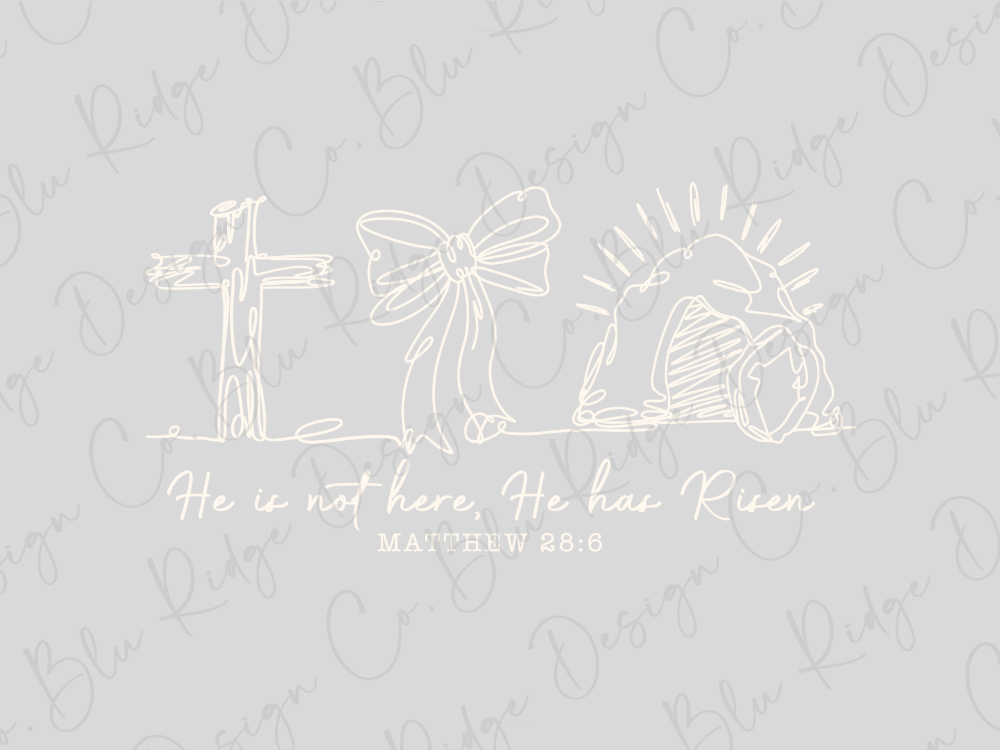 a religious symbol consisting of a cross, a ribbon, and a crenelation, along with a Bible verse that reads "He is not here. He has risen. Matthew 28:6".