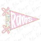 A pink triangular flag with the word "Rams" written on it, along with two pink bows.