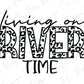 a black and white drawing of the word river time