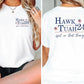 two photos of a woman wearing a hawk utah t - shirt