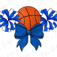A basketball with a blue and white cheer pom-pom and a blue bow tie, all set against a white background.