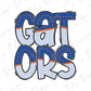 the word "GATORS" in stylized text with a pattern of blue and orange dots and stripes.