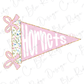A pink triangular flag with the word "Hornets" written on it, along with two pink bows.