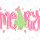 a stylized Christmas tree with a bow, surrounded by pink and white text that spells out "Merry".