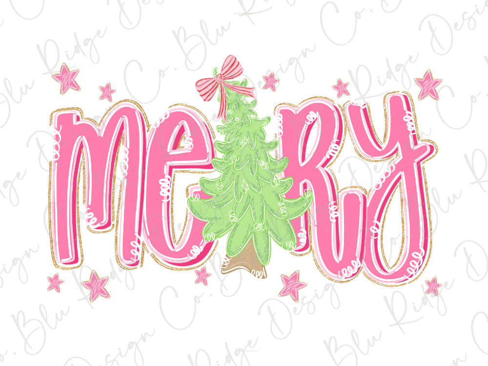 a stylized Christmas tree with a bow, surrounded by pink and white text that spells out "Merry".