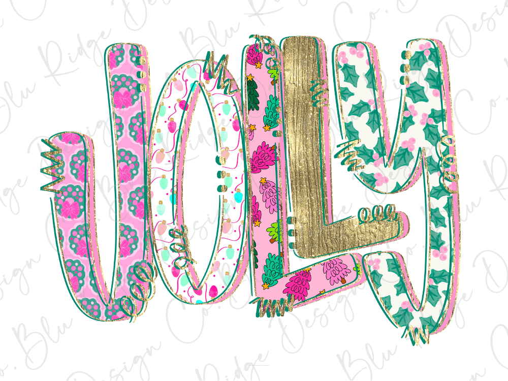 the word "JOLY" written in a stylized, colorful font with various patterns and designs.