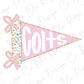 A pink triangular flag with the word "Celt's" written on it, along with two pink bows.