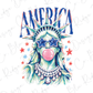 a stylized depiction of the Statue of Liberty wearing sunglasses and a bubble gum bubble, with the word "AMERICA" prominently displayed above her.