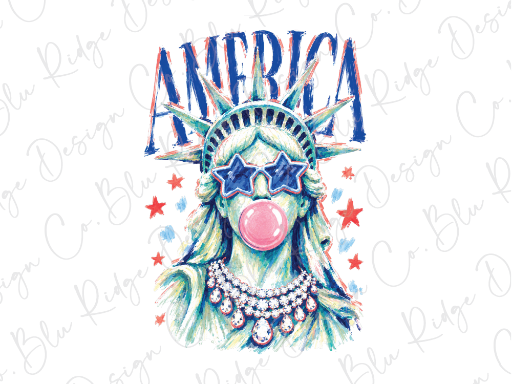 a stylized depiction of the Statue of Liberty wearing sunglasses and a bubble gum bubble, with the word "AMERICA" prominently displayed above her.