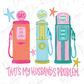three colorful gas pumps, each with a different label, and the phrase "That's my husband's problem" written below them.