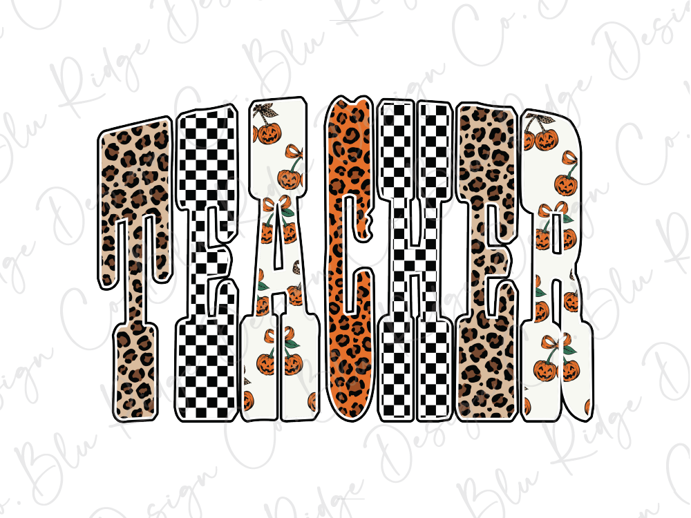 the word "Teacher" with a unique and creative design, made up of various shapes and patterns, including leopard print, checkered patterns, and pumpkin motifs.