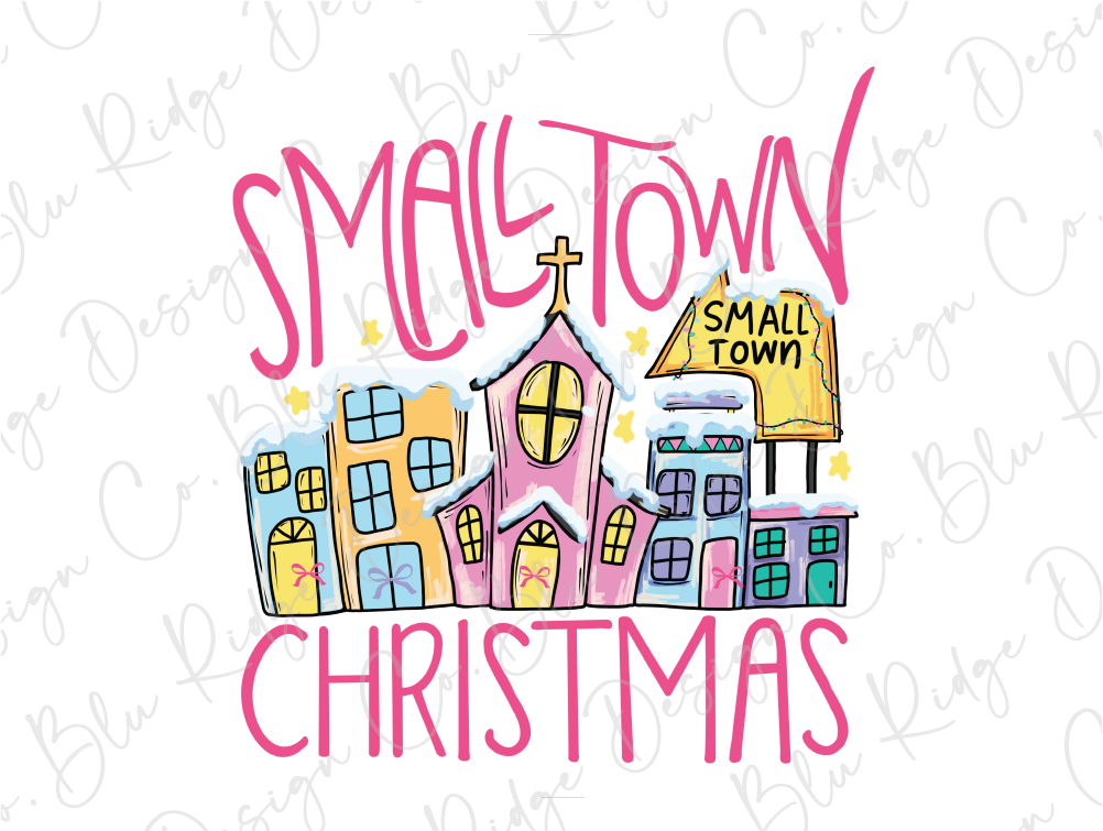 a drawing of a small town with a sign that says small town christmas