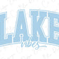 the word lake vibes written in blue on a white background