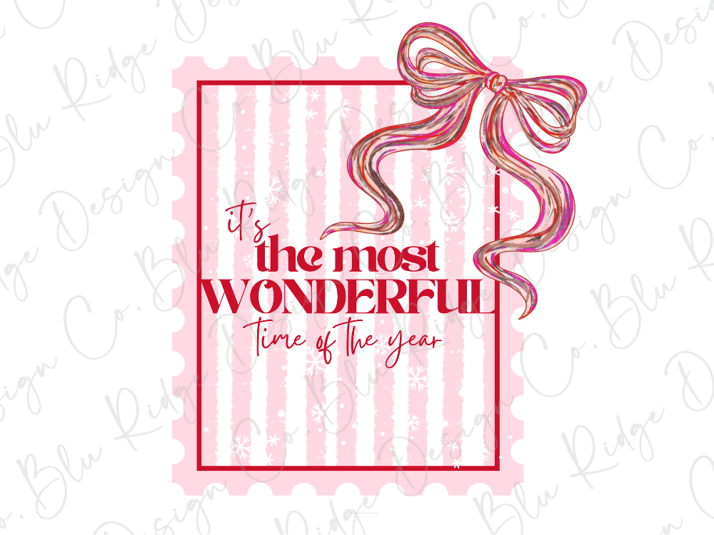 a red and white striped background with a large bow and the text "It's the most wonderful Time of the year" written in a cursive font.