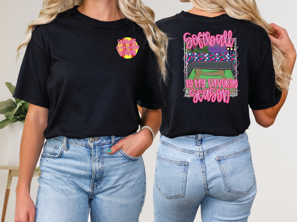 two women wearing black t - shirts with donuts on them