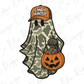 A ghost wearing a camouflage hat and holding a carved pumpkin with candy inside.