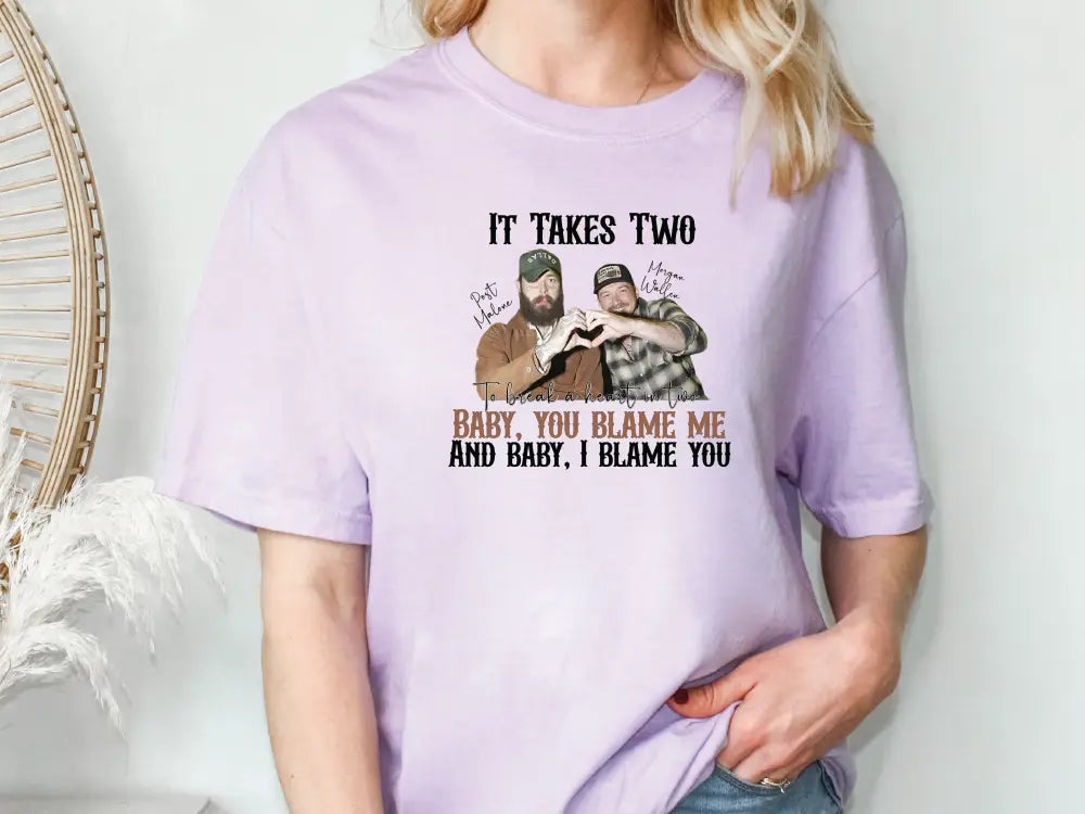 a woman wearing a t - shirt that says it takes two baby, you '