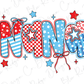 the word mom written in red, white and blue stars