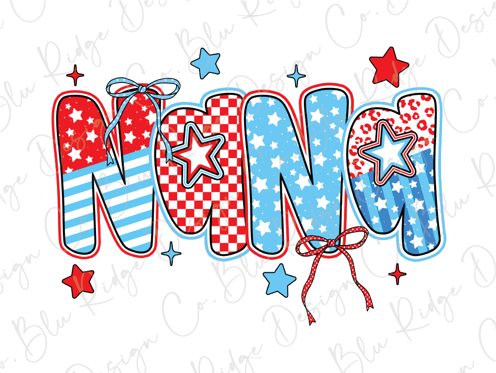 the word mom written in red, white and blue stars