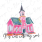 a drawing of a pink church with a black roof