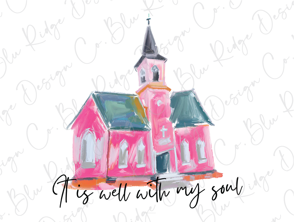 a drawing of a pink church with a black roof