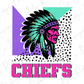 A stylized illustration of a Native American headdress with the word "CHIEFS" written below it in pink and purple text.