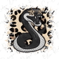 A stylized illustration of a snake with a star on its head, surrounded by a pattern of leopard spots.