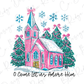 a pink church surrounded by trees and snow