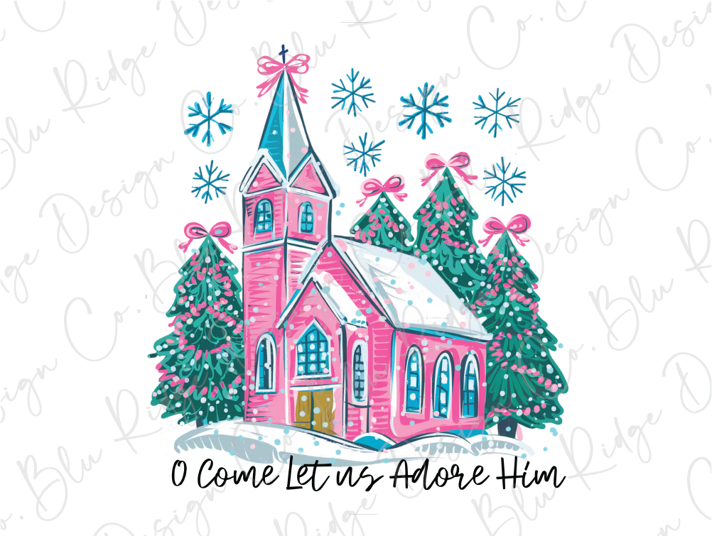 a pink church surrounded by trees and snow