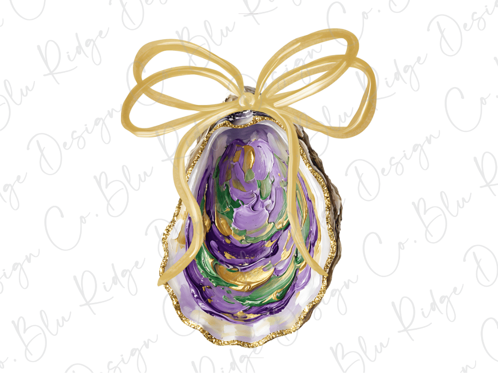 A decorative oyster shell with a gold ribbon bow, featuring a vibrant purple and green color scheme.