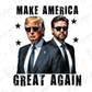 two men in suits and sunglasses with the words make america great again