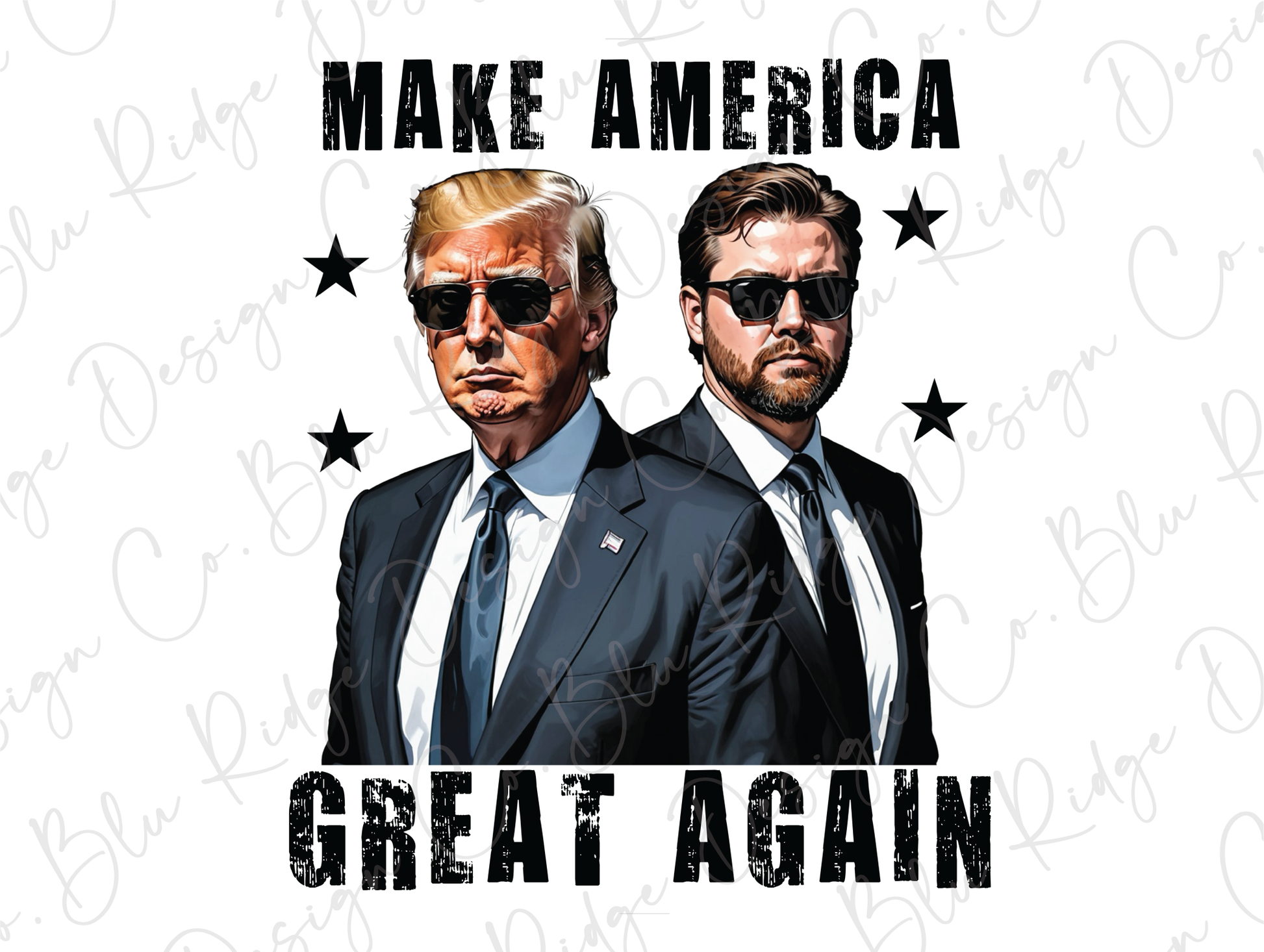 two men in suits and sunglasses with the words make america great again